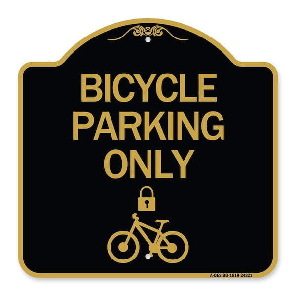 Bicycle Parking W/ Cycle and Lock, Black & Gold Aluminum Sign, 18" x 18", BG-1818-24321